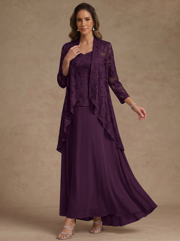 3 Pieces Suit A-Line/Princess V-Neck Chiffon Mother of the Bride Dresses with Jacket Lace Ankle-Length 3/4 Sleeves