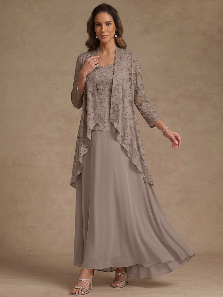 3 Pieces Suit A-Line/Princess V-Neck Chiffon Mother of the Bride Dresses with Jacket Lace Ankle-Length 3/4 Sleeves