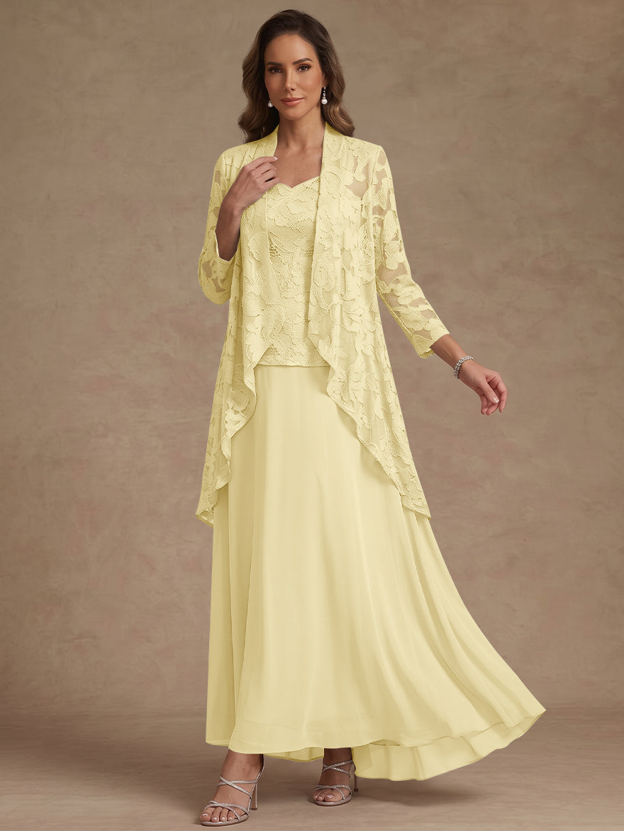 3 Pieces Suit A-Line/Princess V-Neck Chiffon Mother of the Bride Dresses with Jacket Lace Ankle-Length 3/4 Sleeves