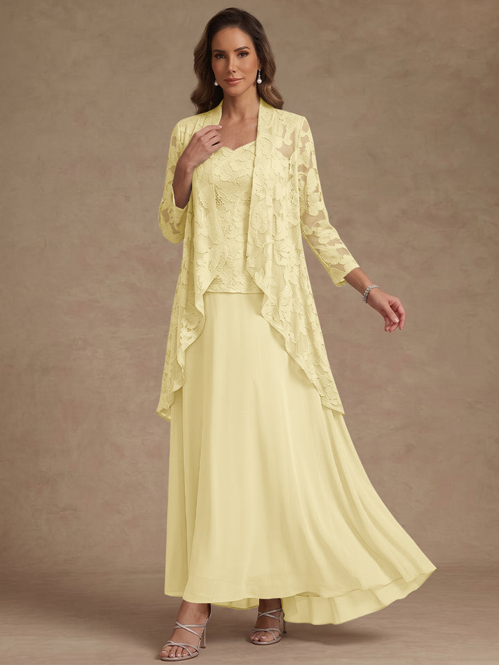 3 Pieces Suit A-Line/Princess V-Neck Chiffon Mother of the Bride Dresses with Jacket Lace Ankle-Length 3/4 Sleeves