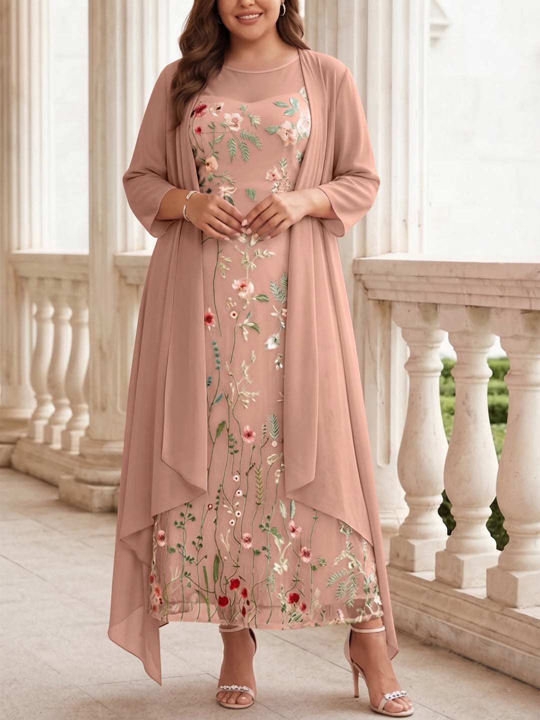 2 Pieces A-Line/Princess Scoop Chiffon Plus Size Mother of the Bride Dresses with Jacket Long Sleeves Ankle-Length Lace Floral
