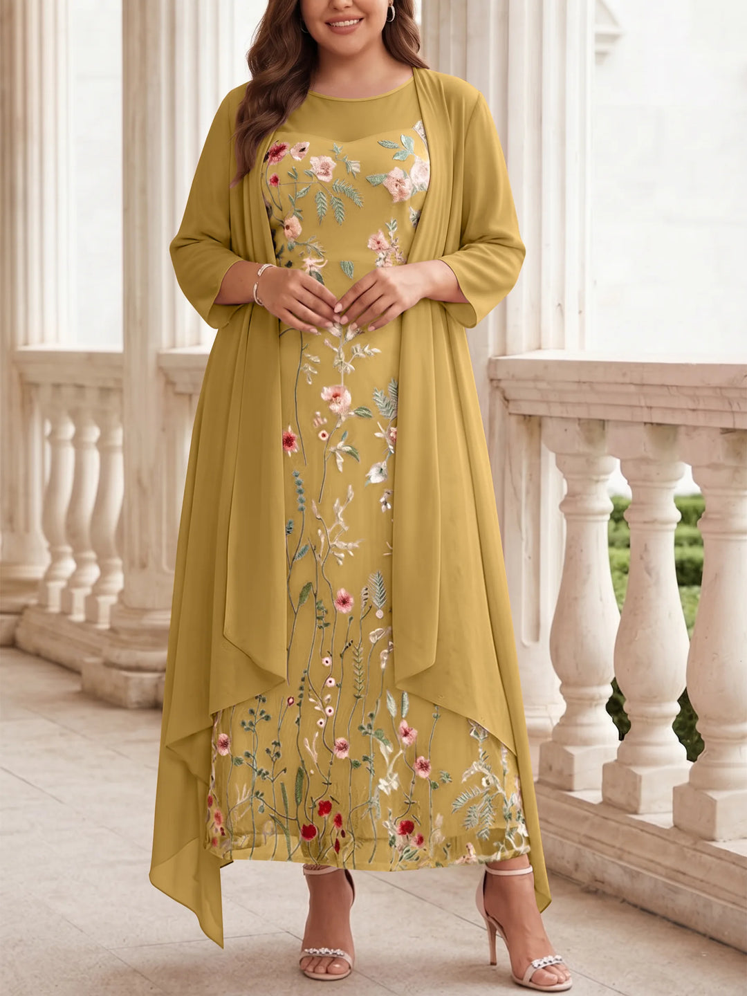 2 Pieces A-Line/Princess Scoop Chiffon Plus Size Mother of the Bride Dresses with Jacket Long Sleeves Ankle-Length Lace Floral