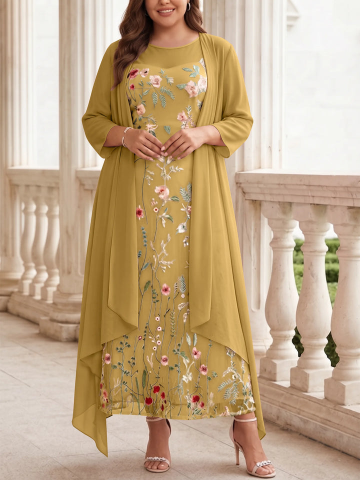 2 Pieces A-Line/Princess Scoop Chiffon Plus Size Mother of the Bride Dresses with Jacket Long Sleeves Ankle-Length Lace Floral
