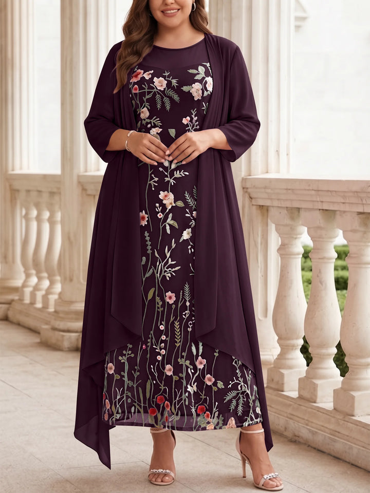 2 Pieces A-Line/Princess Scoop Chiffon Plus Size Mother of the Bride Dresses with Jacket Long Sleeves Ankle-Length Lace Floral