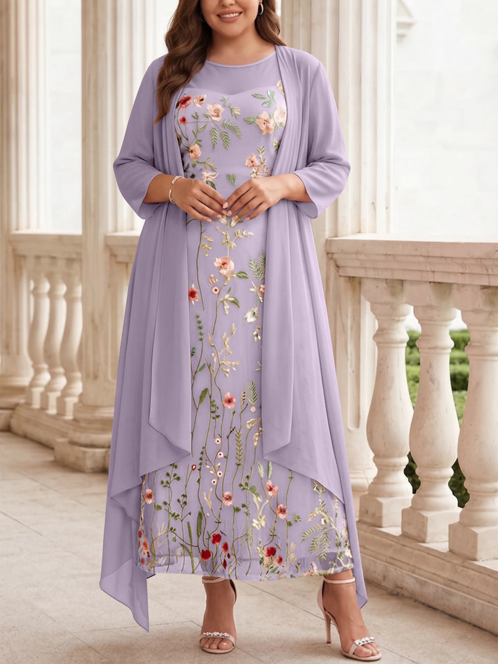 2 Pieces A-Line/Princess Scoop Chiffon Plus Size Mother of the Bride Dresses with Jacket Long Sleeves Ankle-Length Lace Floral