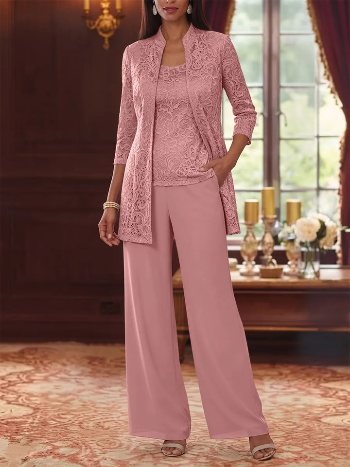3 Pieces Suit Scoop Chiffon Mother of the Bride Pantsuits with Jacket 3/4 Sleeves Lace Ankle-Length