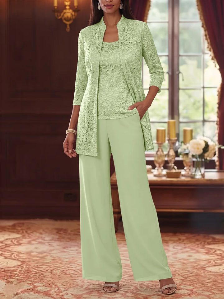 3 Pieces Suit Scoop Chiffon Mother of the Bride Pantsuits with Jacket 3/4 Sleeves Lace Ankle-Length