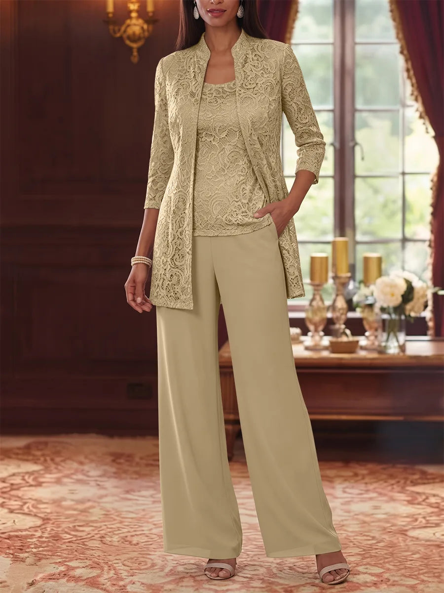 3 Pieces Suit Scoop Chiffon Mother of the Bride Pantsuits with Jacket 3/4 Sleeves Lace Ankle-Length