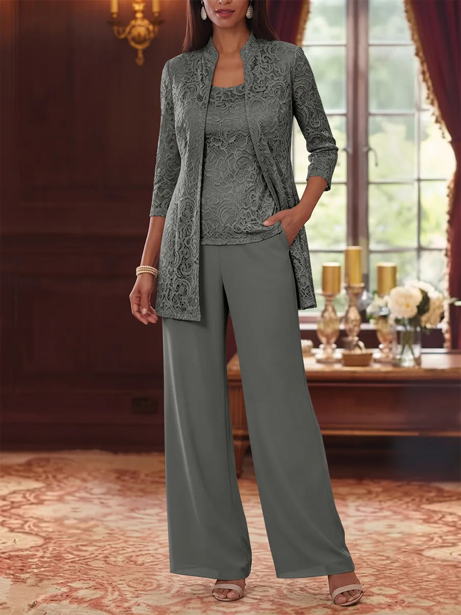 3 Pieces Suit Scoop Chiffon Mother of the Bride Pantsuits with Jacket 3/4 Sleeves Lace Ankle-Length