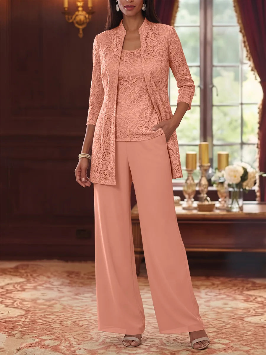 3 Pieces Suit Scoop Chiffon Mother of the Bride Pantsuits with Jacket 3/4 Sleeves Lace Ankle-Length