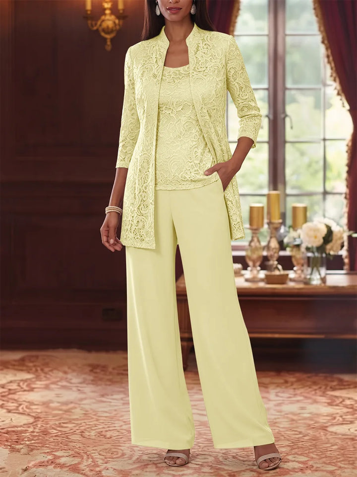3 Pieces Suit Scoop Chiffon Mother of the Bride Pantsuits with Jacket 3/4 Sleeves Lace Ankle-Length