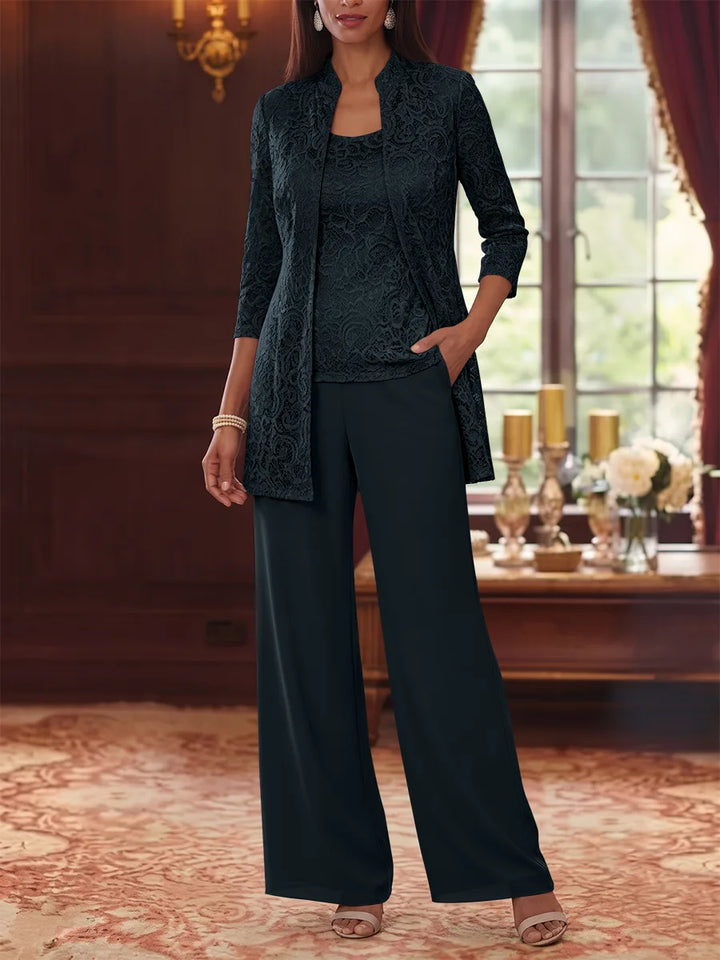 3 Pieces Suit Scoop Chiffon Mother of the Bride Pantsuits with Jacket 3/4 Sleeves Lace Ankle-Length