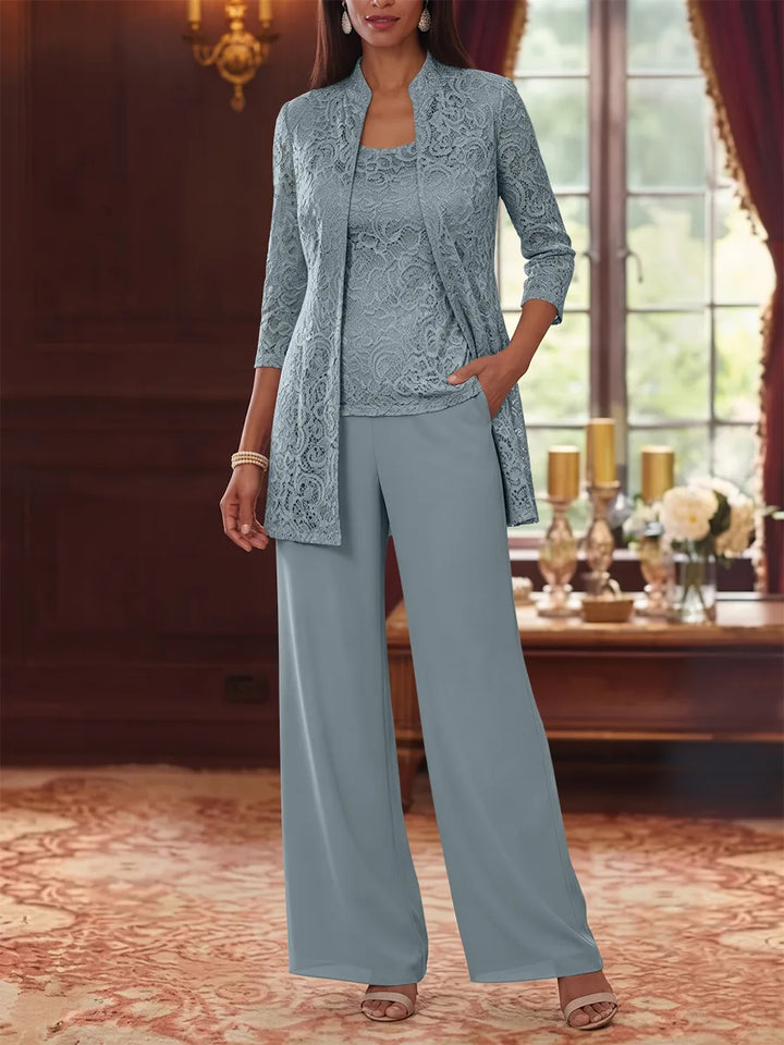 3 Pieces Suit Scoop Chiffon Mother of the Bride Pantsuits with Jacket 3/4 Sleeves Lace Ankle-Length