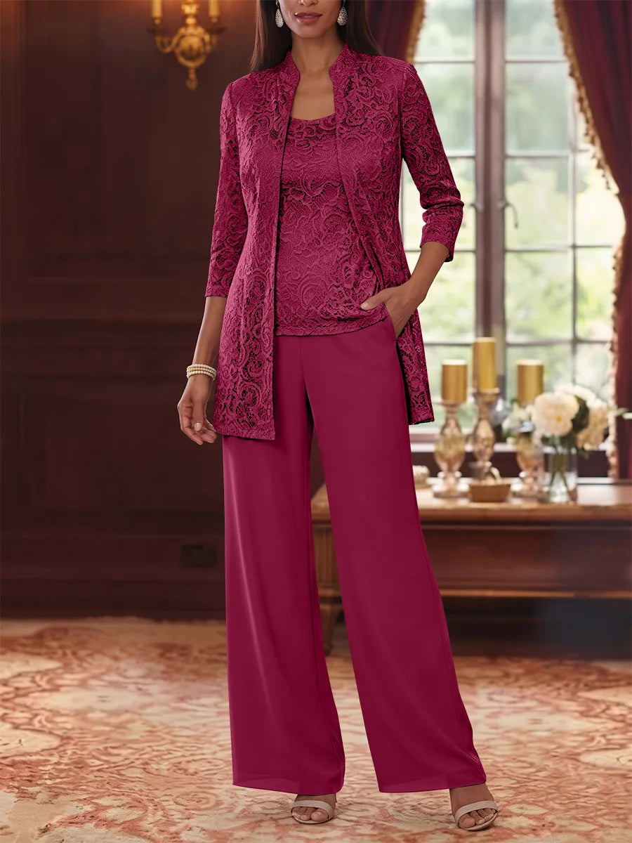 3 Pieces Suit Scoop Chiffon Mother of the Bride Pantsuits with Jacket 3/4 Sleeves Lace Ankle-Length