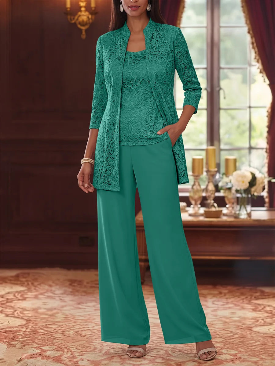 3 Pieces Suit Scoop Chiffon Mother of the Bride Pantsuits with Jacket 3/4 Sleeves Lace Ankle-Length