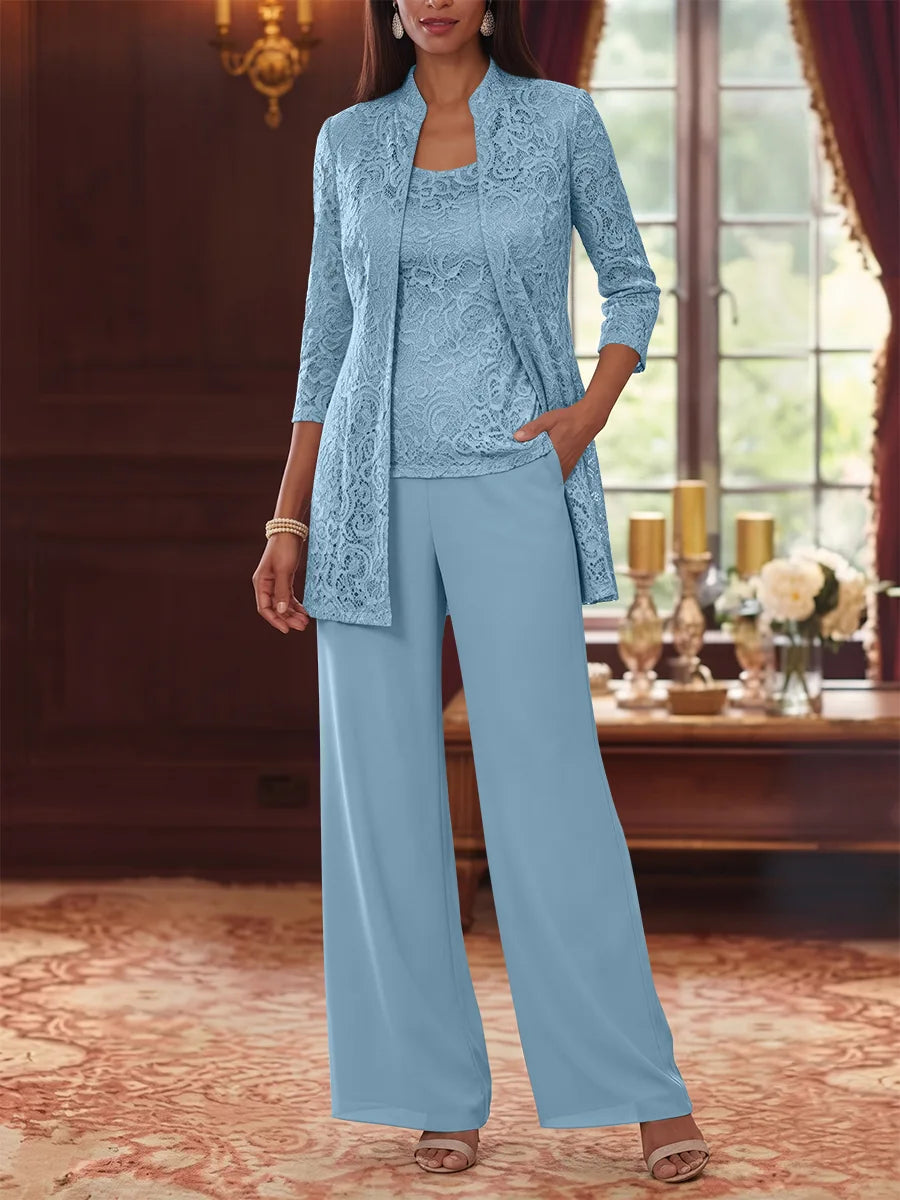 3 Pieces Suit Scoop Chiffon Mother of the Bride Pantsuits with Jacket 3/4 Sleeves Lace Ankle-Length