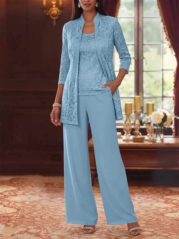 3 Pieces Suit Scoop Chiffon Mother of the Bride Pantsuits with Jacket 3/4 Sleeves Lace Ankle-Length