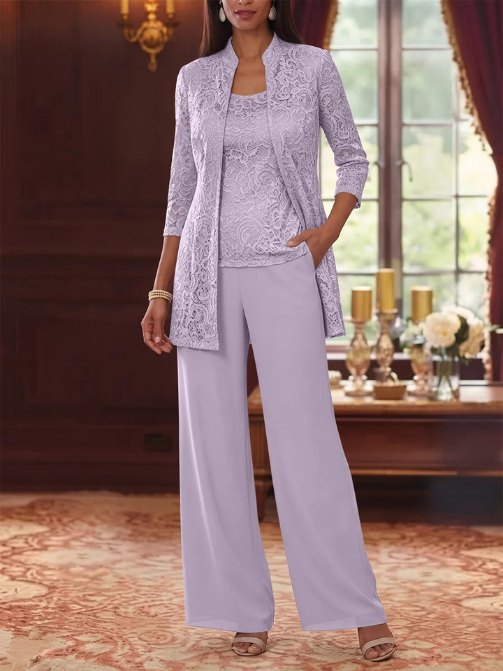 3 Pieces Suit Scoop Chiffon Mother of the Bride Pantsuits with Jacket 3/4 Sleeves Lace Ankle-Length