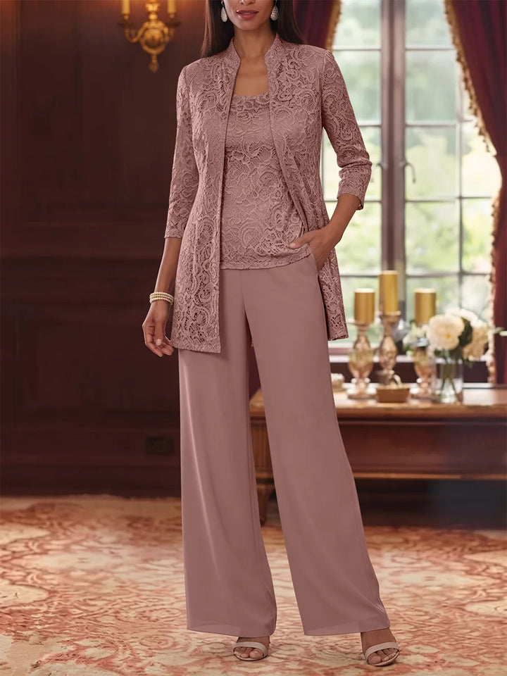 3 Pieces Suit Scoop Chiffon Mother of the Bride Pantsuits with Jacket 3/4 Sleeves Lace Ankle-Length