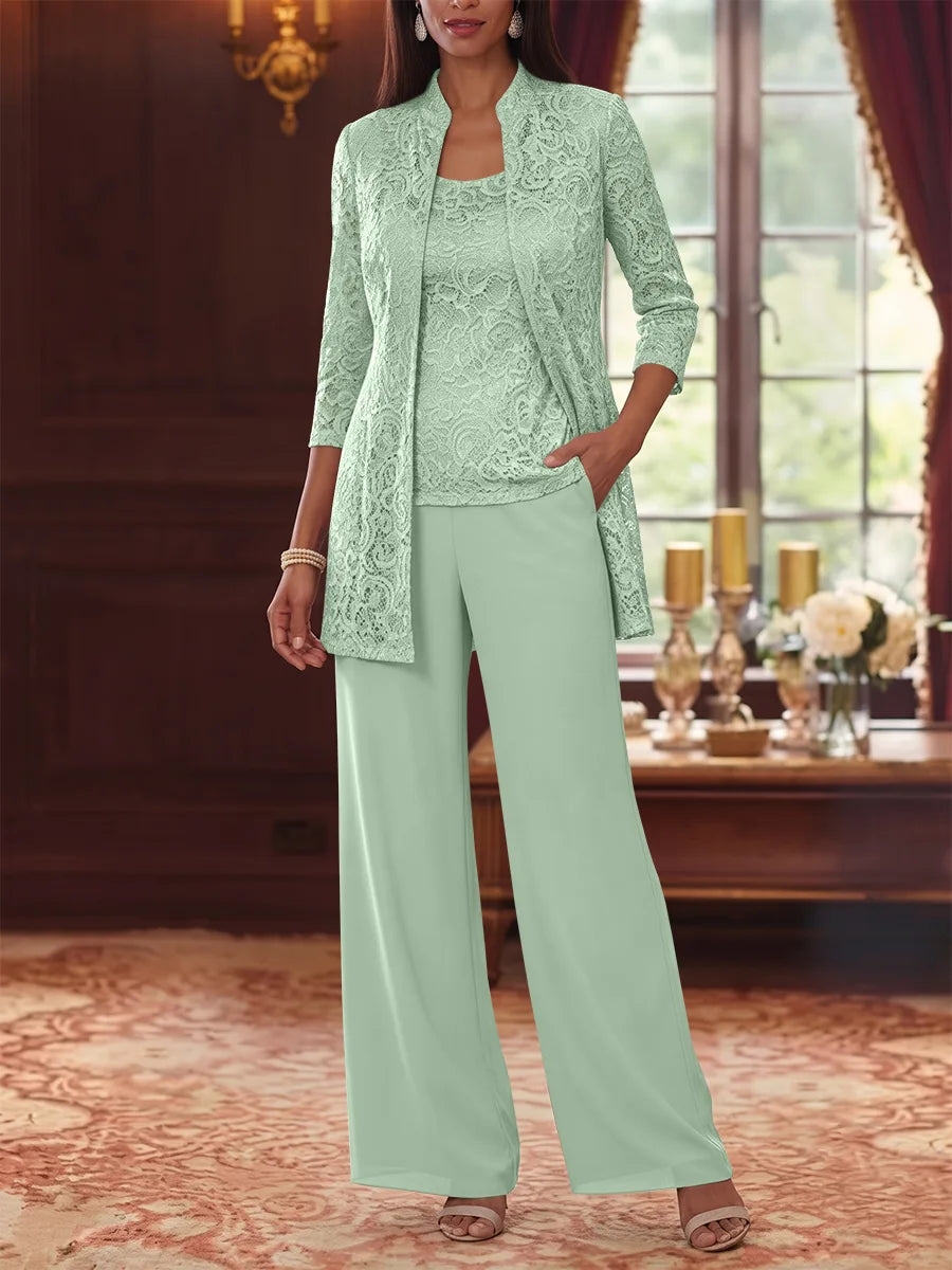 3 Pieces Suit Scoop Chiffon Mother of the Bride Pantsuits with Jacket 3/4 Sleeves Lace Ankle-Length