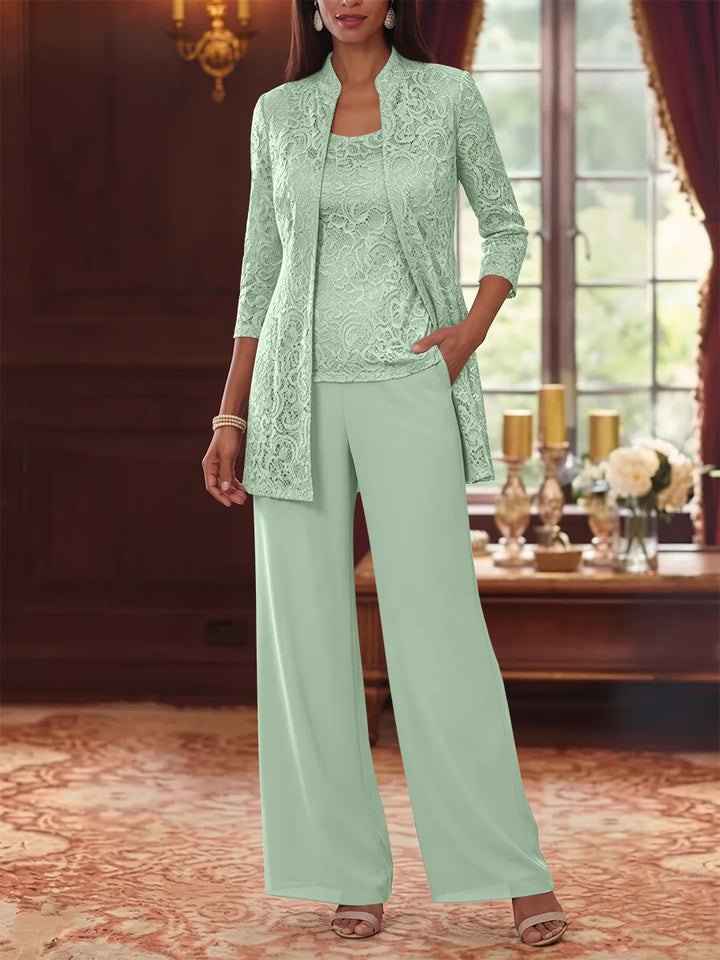 3 Pieces Suit Scoop Chiffon Mother of the Bride Pantsuits with Jacket 3/4 Sleeves Lace Ankle-Length