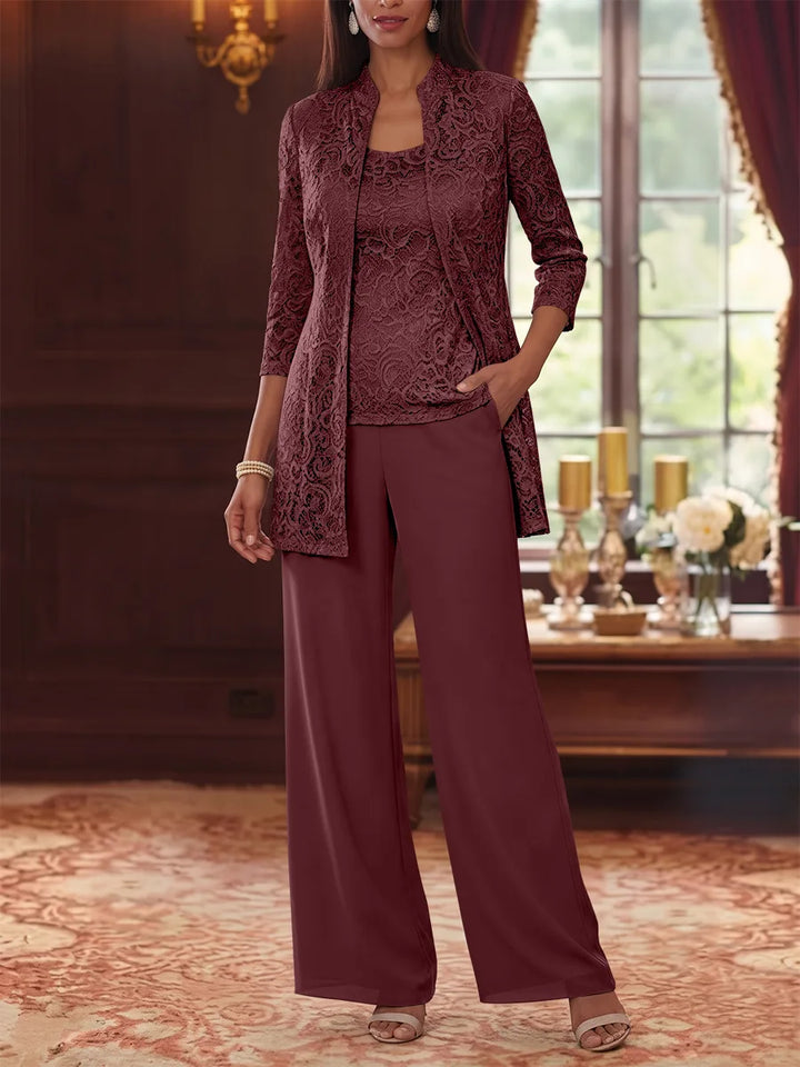 3 Pieces Suit Scoop Chiffon Mother of the Bride Pantsuits with Jacket 3/4 Sleeves Lace Ankle-Length