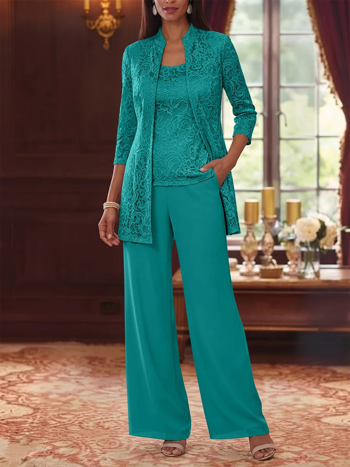 3 Pieces Suit Scoop Chiffon Mother of the Bride Pantsuits with Jacket 3/4 Sleeves Lace Ankle-Length