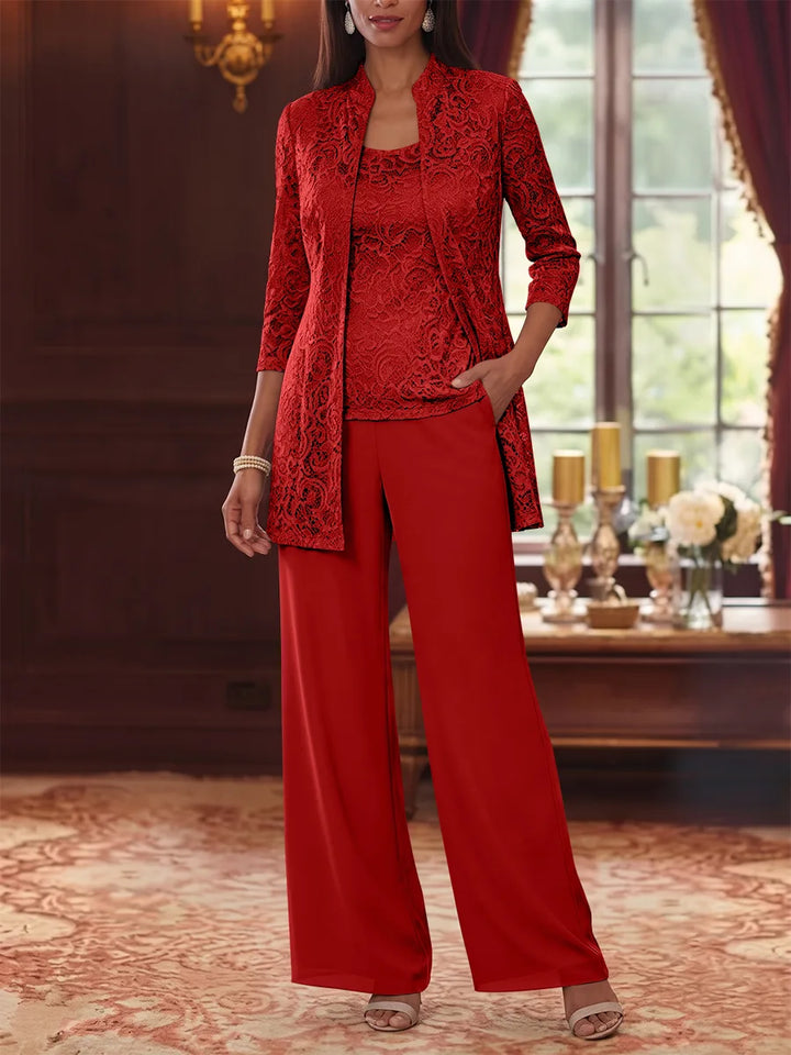 3 Pieces Suit Scoop Chiffon Mother of the Bride Pantsuits with Jacket 3/4 Sleeves Lace Ankle-Length