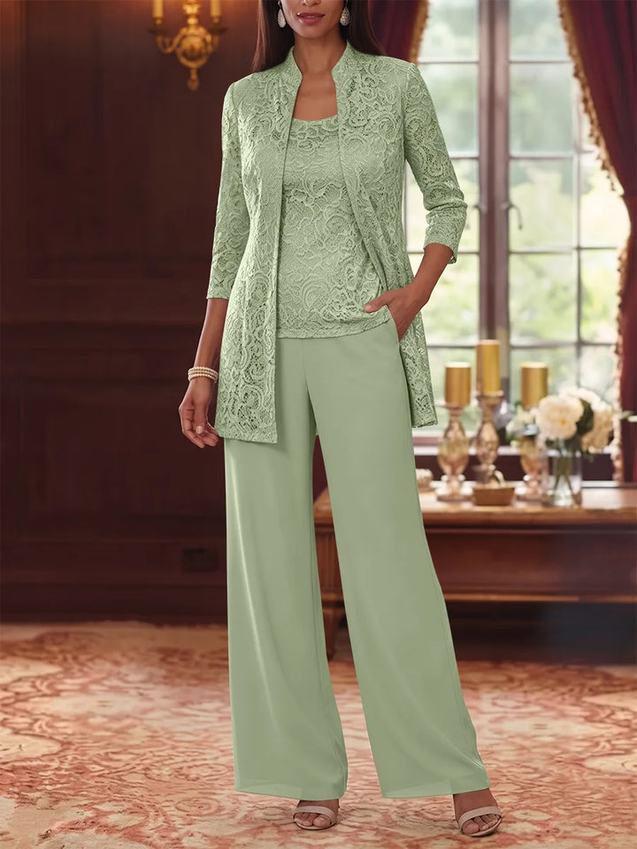 3 Pieces Suit Scoop Chiffon Mother of the Bride Pantsuits with Jacket 3/4 Sleeves Lace Ankle-Length