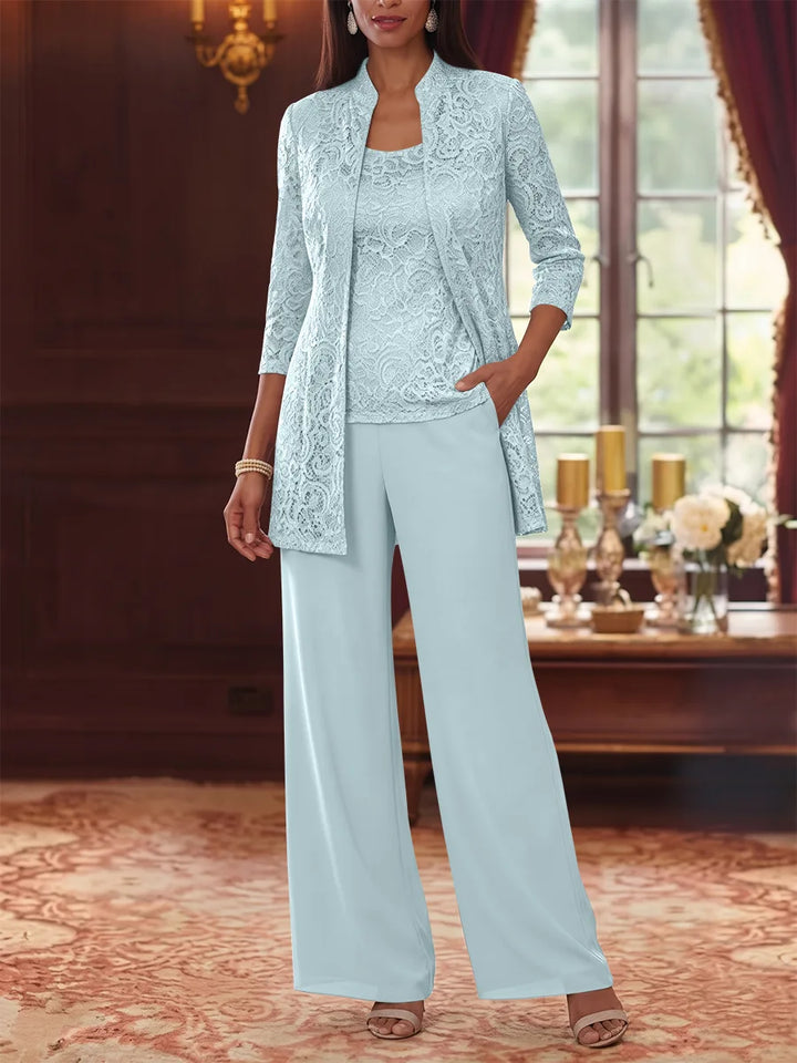 3 Pieces Suit Scoop Chiffon Mother of the Bride Pantsuits with Jacket 3/4 Sleeves Lace Ankle-Length