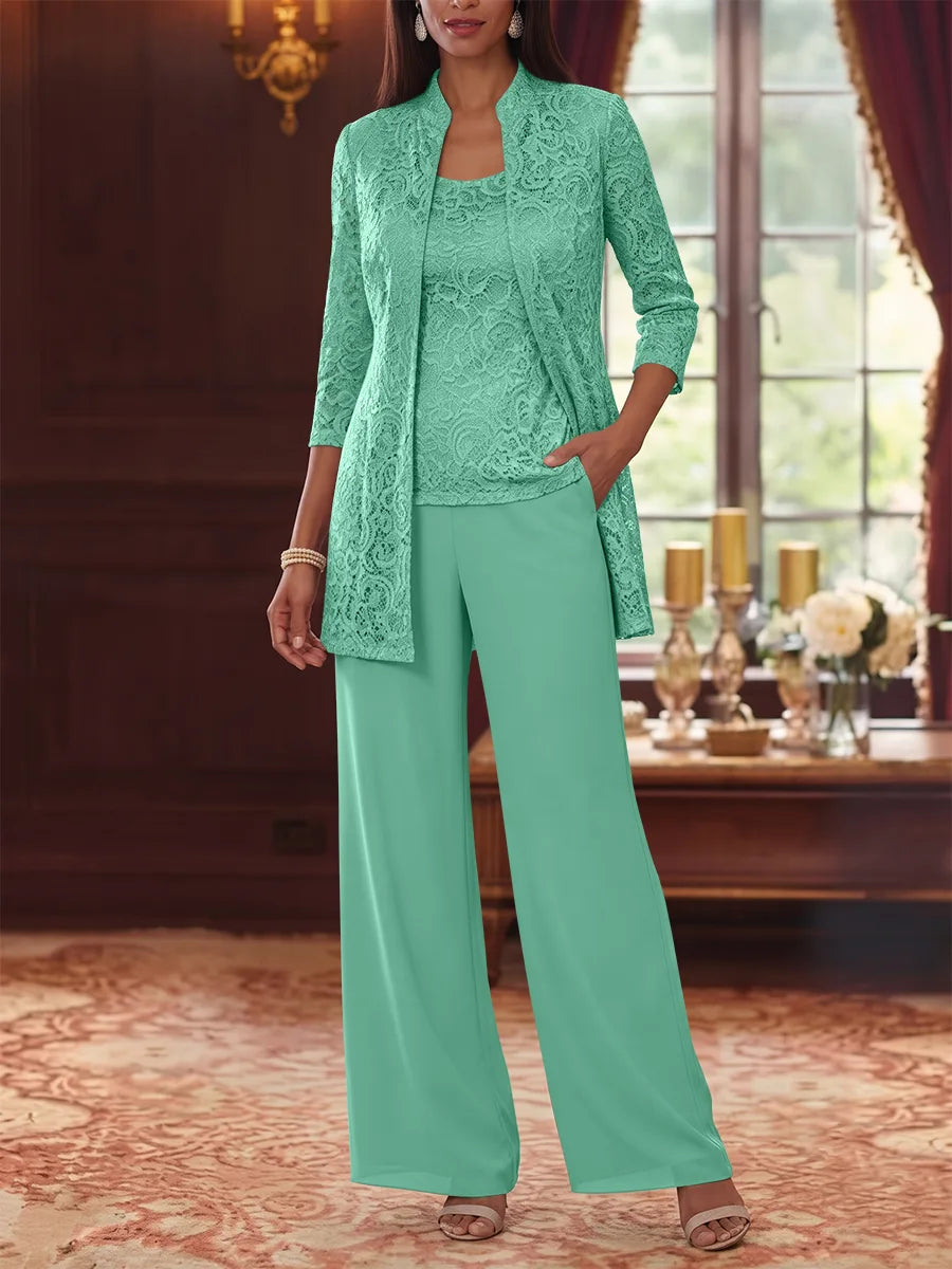 3 Pieces Suit Scoop Chiffon Mother of the Bride Pantsuits with Jacket 3/4 Sleeves Lace Ankle-Length