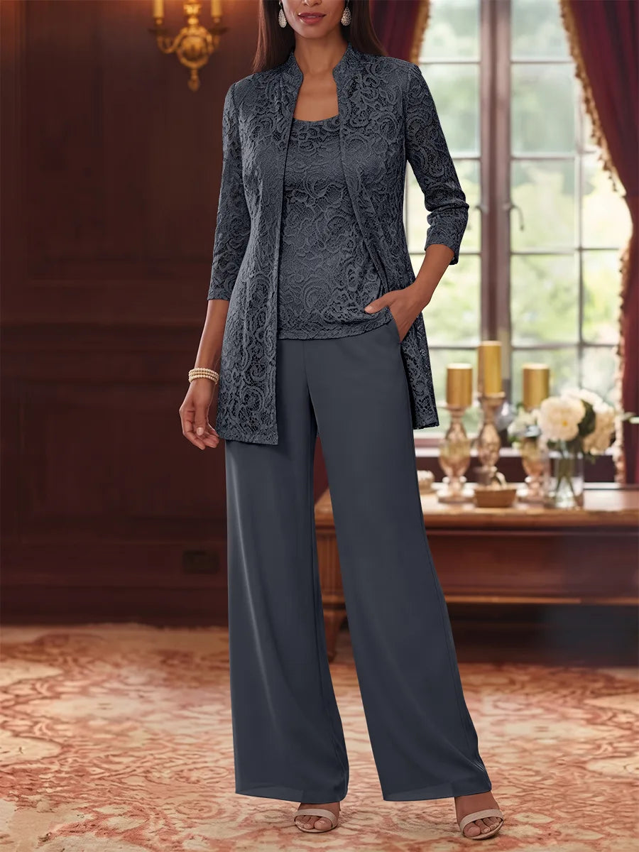 3 Pieces Suit Scoop Chiffon Mother of the Bride Pantsuits with Jacket 3/4 Sleeves Lace Ankle-Length