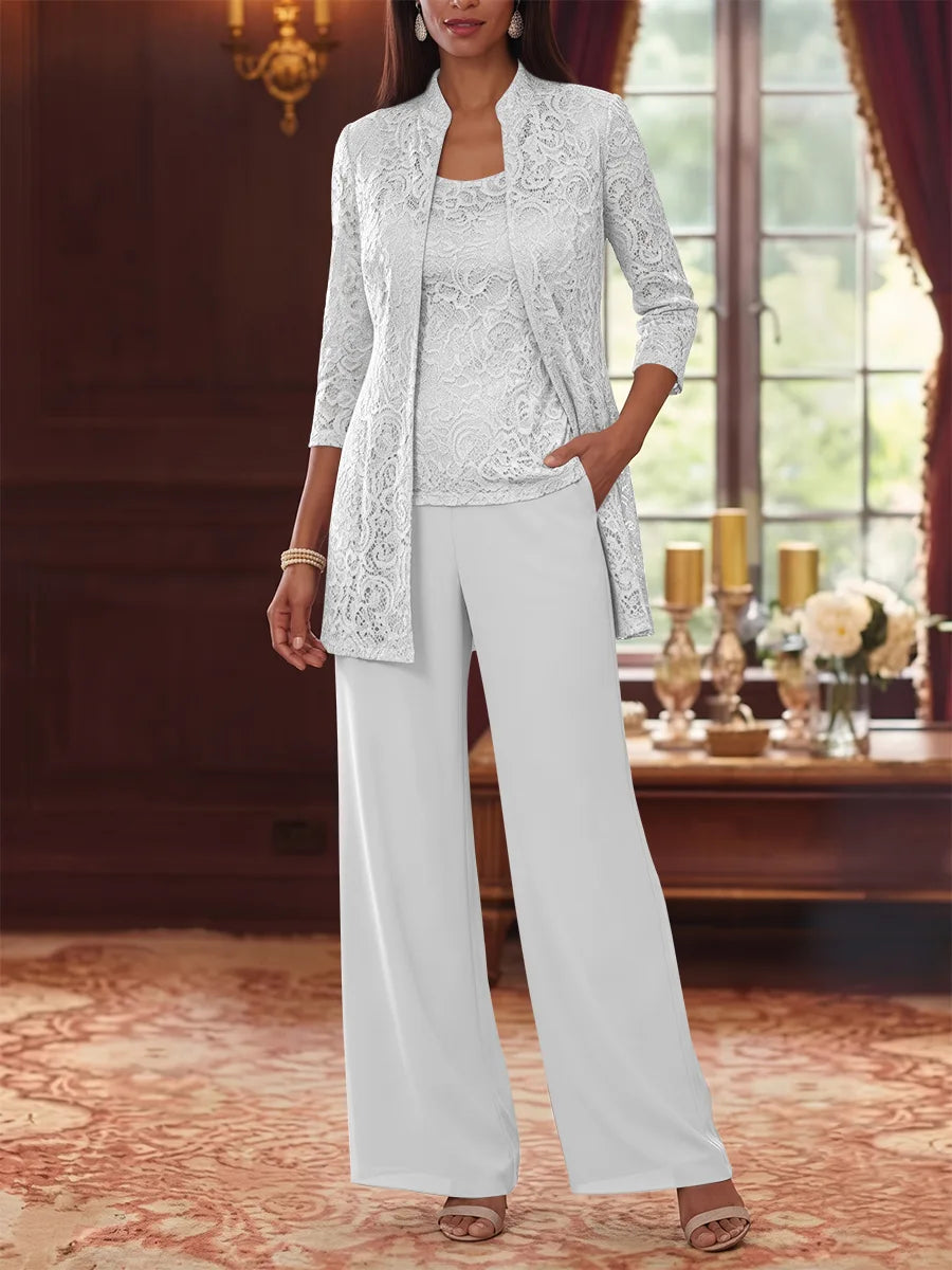 3 Pieces Suit Scoop Chiffon Mother of the Bride Pantsuits with Jacket 3/4 Sleeves Lace Ankle-Length