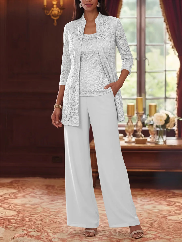 3 Pieces Suit Scoop Chiffon Mother of the Bride Pantsuits with Jacket 3/4 Sleeves Lace Ankle-Length