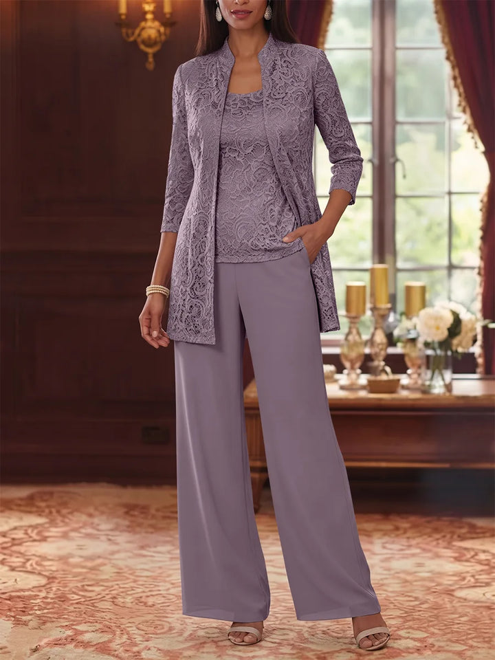 3 Pieces Suit Scoop Chiffon Mother of the Bride Pantsuits with Jacket 3/4 Sleeves Lace Ankle-Length