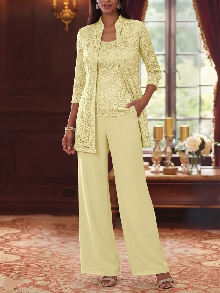 3 Pieces Suit Scoop Chiffon Mother of the Bride Pantsuits with Jacket 3/4 Sleeves Lace Ankle-Length