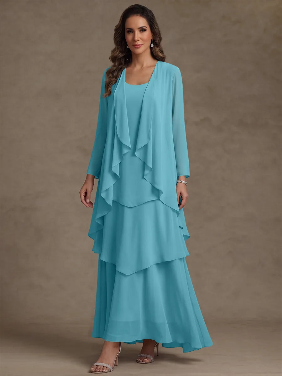 A-Line/Princess Scoop Chiffon Mother of the Bride Dresses with Jacket & Ruffles Long Sleeves Ankle-Length