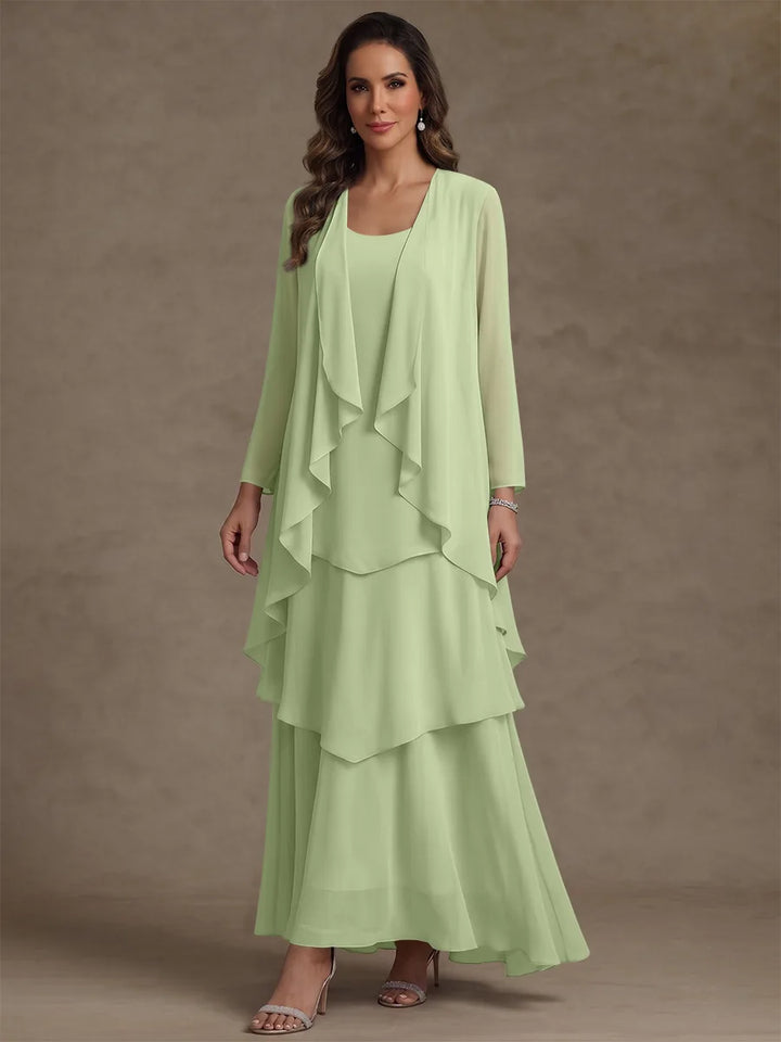 A-Line/Princess Scoop Chiffon Mother of the Bride Dresses with Jacket & Ruffles Long Sleeves Ankle-Length