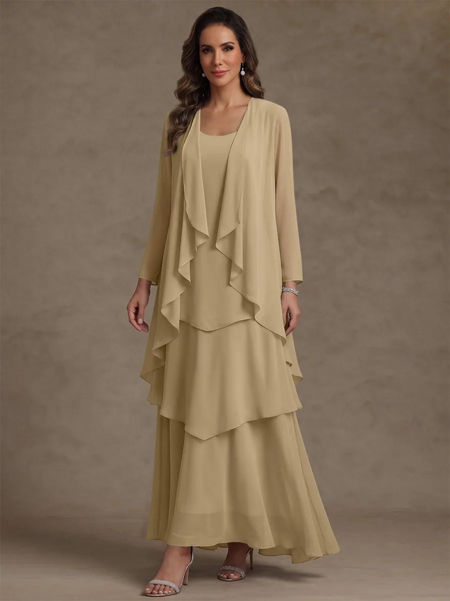 A-Line/Princess Scoop Chiffon Mother of the Bride Dresses with Jacket & Ruffles Long Sleeves Ankle-Length