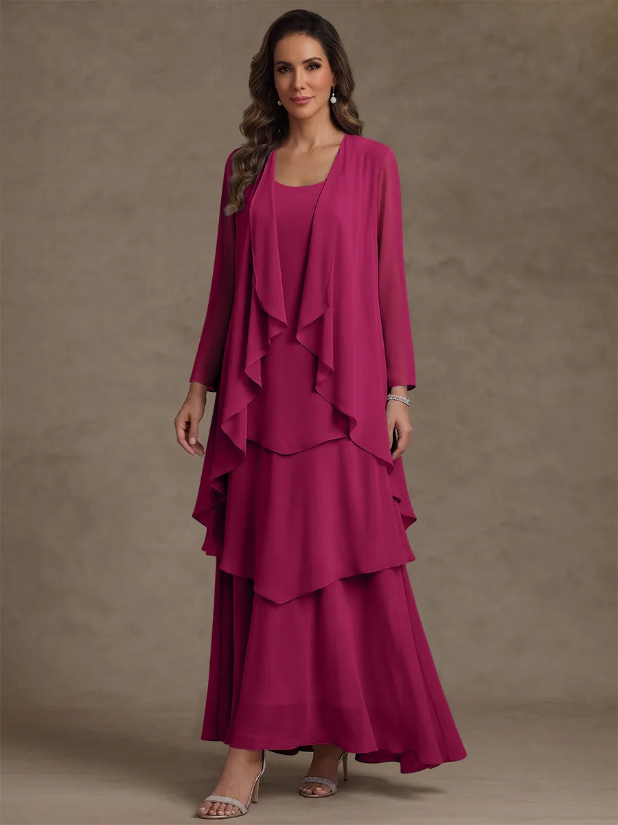 A-Line/Princess Scoop Chiffon Mother of the Bride Dresses with Jacket & Ruffles Long Sleeves Ankle-Length