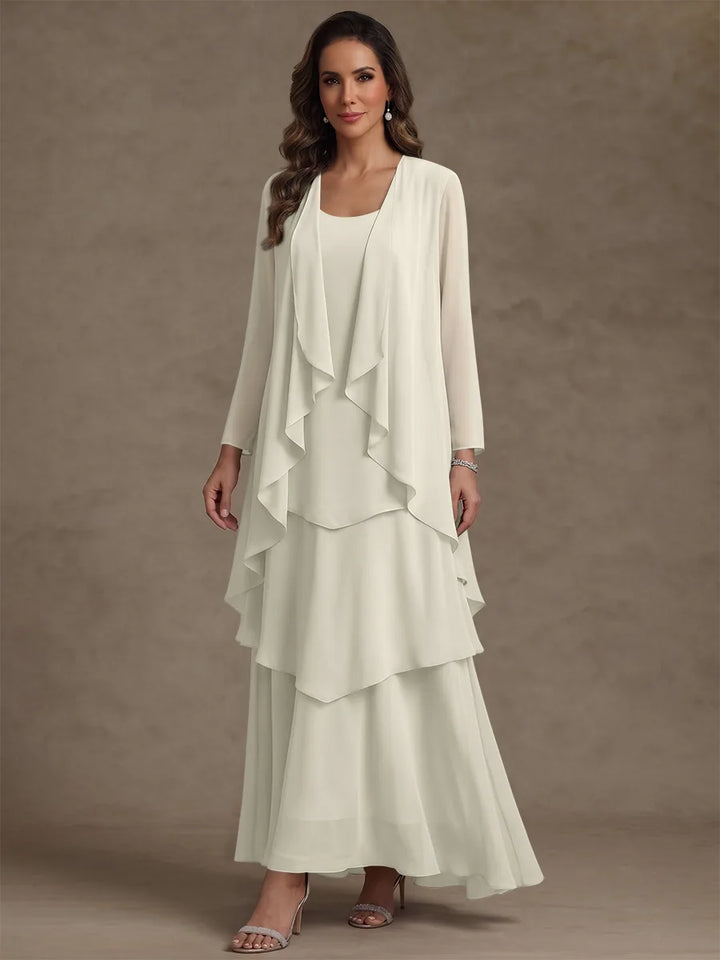 A-Line/Princess Scoop Chiffon Mother of the Bride Dresses with Jacket & Ruffles Long Sleeves Ankle-Length