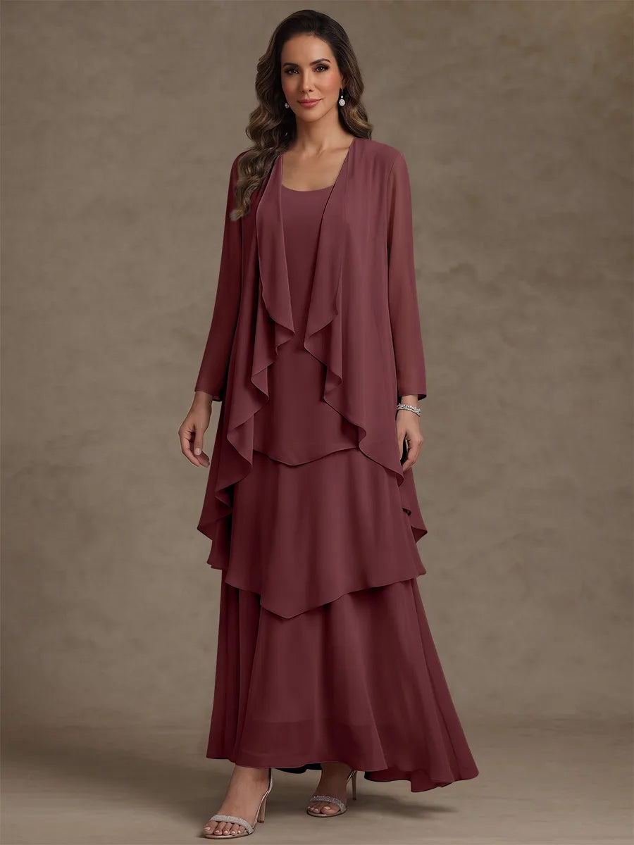 A-Line/Princess Scoop Chiffon Mother of the Bride Dresses with Jacket & Ruffles Long Sleeves Ankle-Length