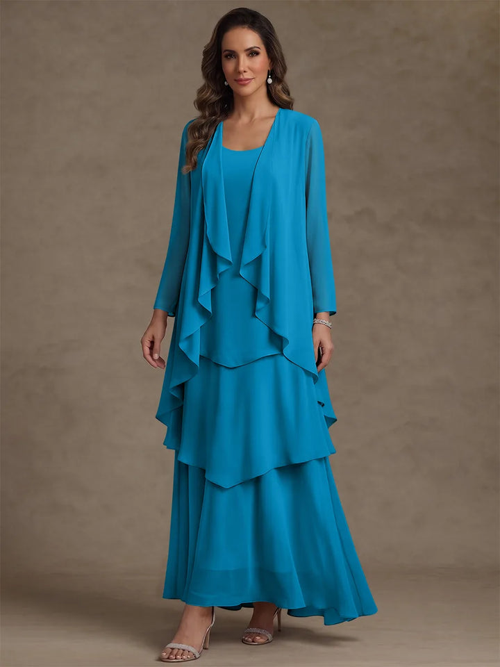 A-Line/Princess Scoop Chiffon Mother of the Bride Dresses with Jacket & Ruffles Long Sleeves Ankle-Length