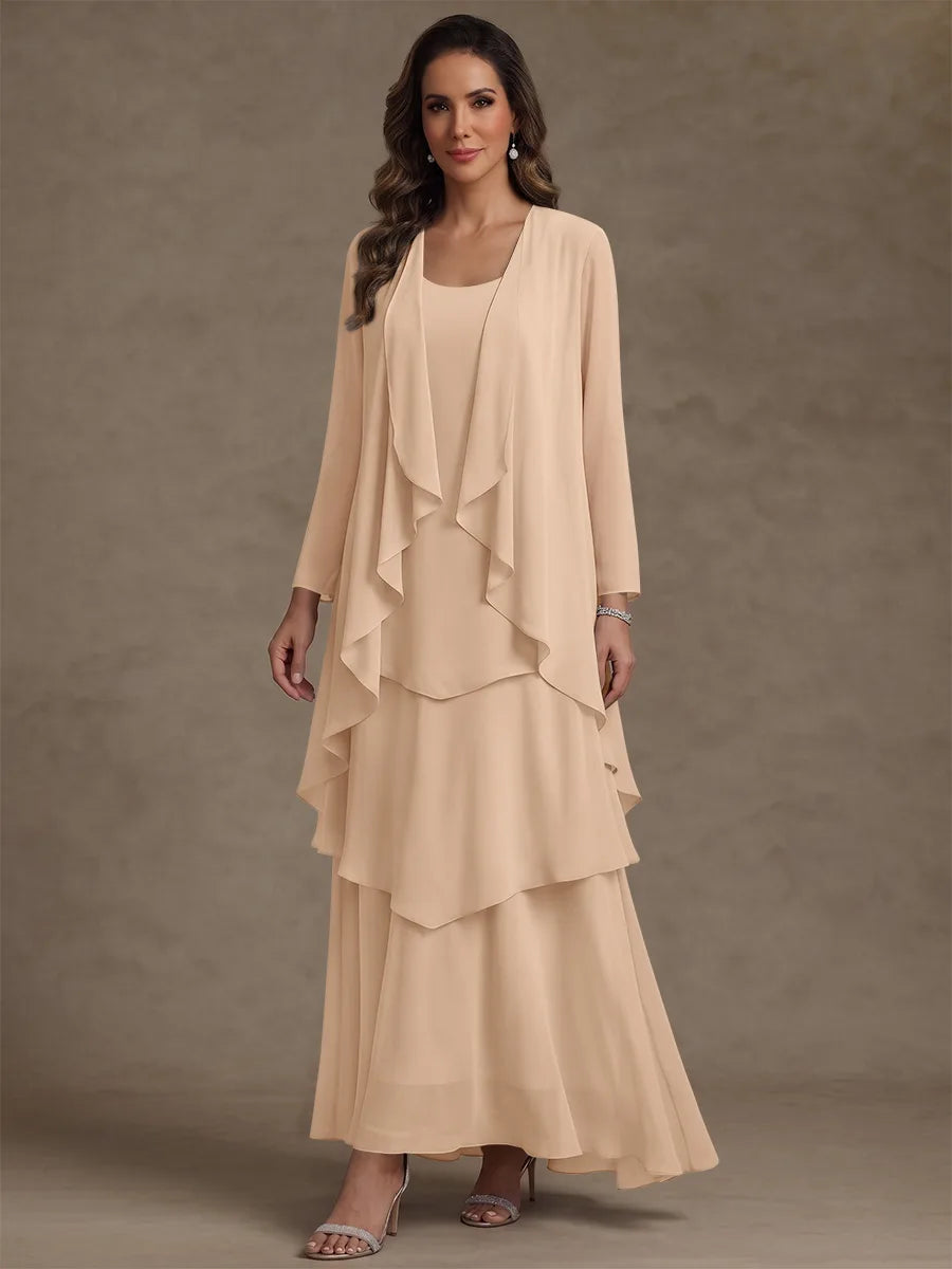 A-Line/Princess Scoop Chiffon Mother of the Bride Dresses with Jacket & Ruffles Long Sleeves Ankle-Length