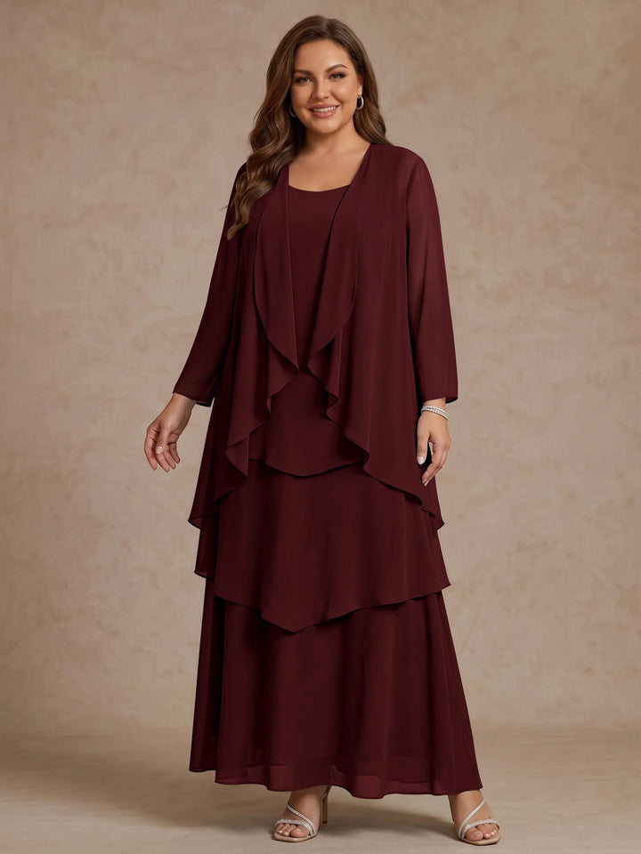 A-Line/Princess Scoop Chiffon Plus Size Mother of the Bride Dresses with Jacket &amp; Ruffles Long Sleeves Ankle-Length