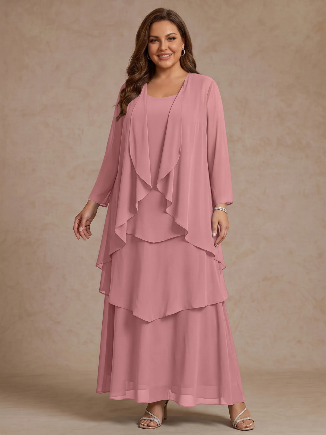 A-Line/Princess Scoop Chiffon Plus Size Mother of the Bride Dresses with Jacket &amp; Ruffles Long Sleeves Ankle-Length