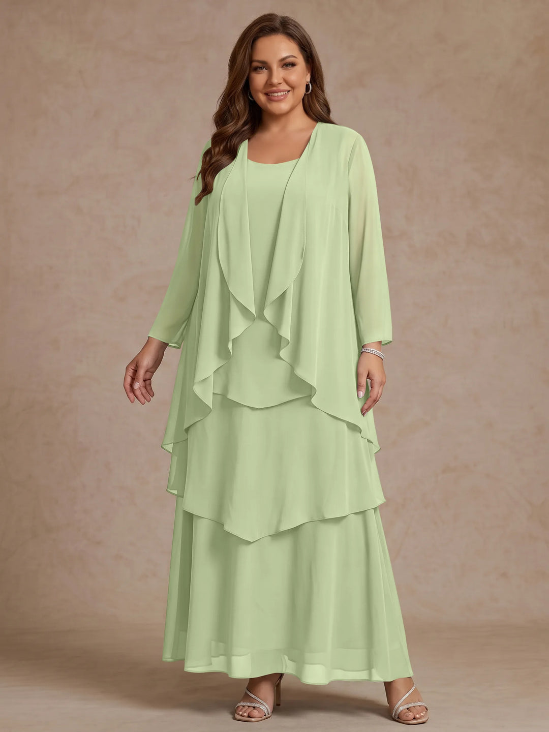 A-Line/Princess Scoop Chiffon Plus Size Mother of the Bride Dresses with Jacket &amp; Ruffles Long Sleeves Ankle-Length