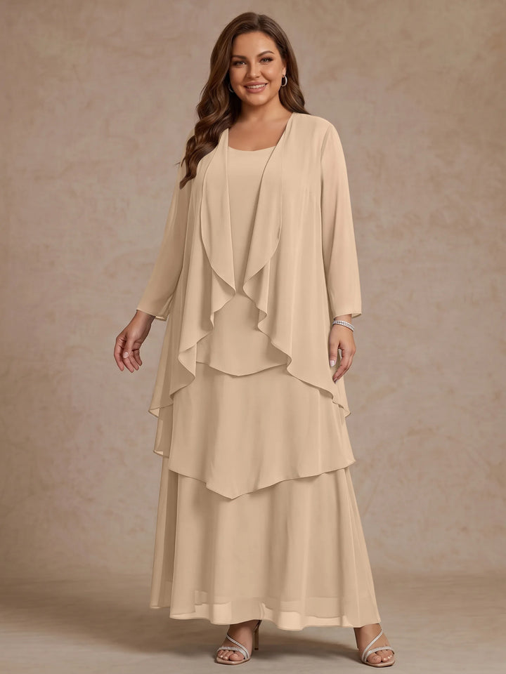 A-Line/Princess Scoop Chiffon Plus Size Mother of the Bride Dresses with Jacket &amp; Ruffles Long Sleeves Ankle-Length