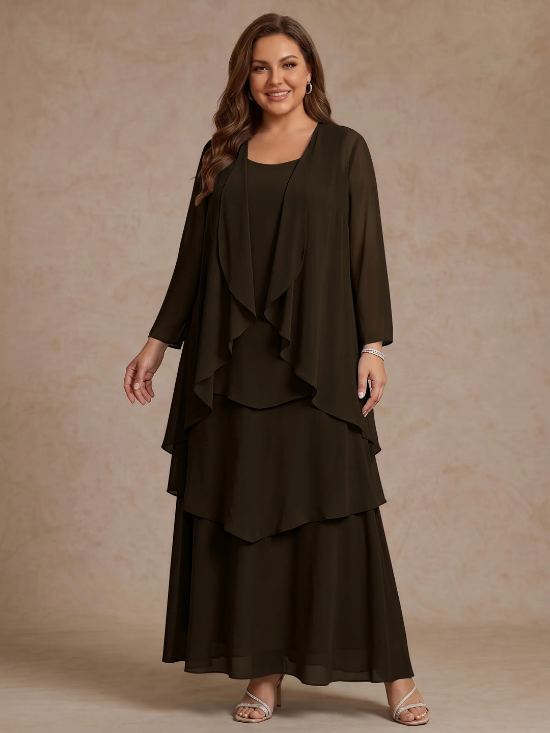 A-Line/Princess Scoop Chiffon Plus Size Mother of the Bride Dresses with Jacket &amp; Ruffles Long Sleeves Ankle-Length