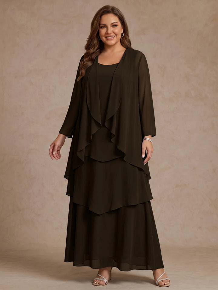 A-Line/Princess Scoop Chiffon Plus Size Mother of the Bride Dresses with Jacket &amp; Ruffles Long Sleeves Ankle-Length
